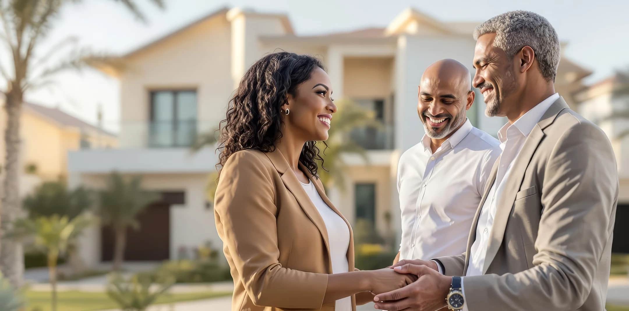 A broker welcoming clients outside a Dubai home