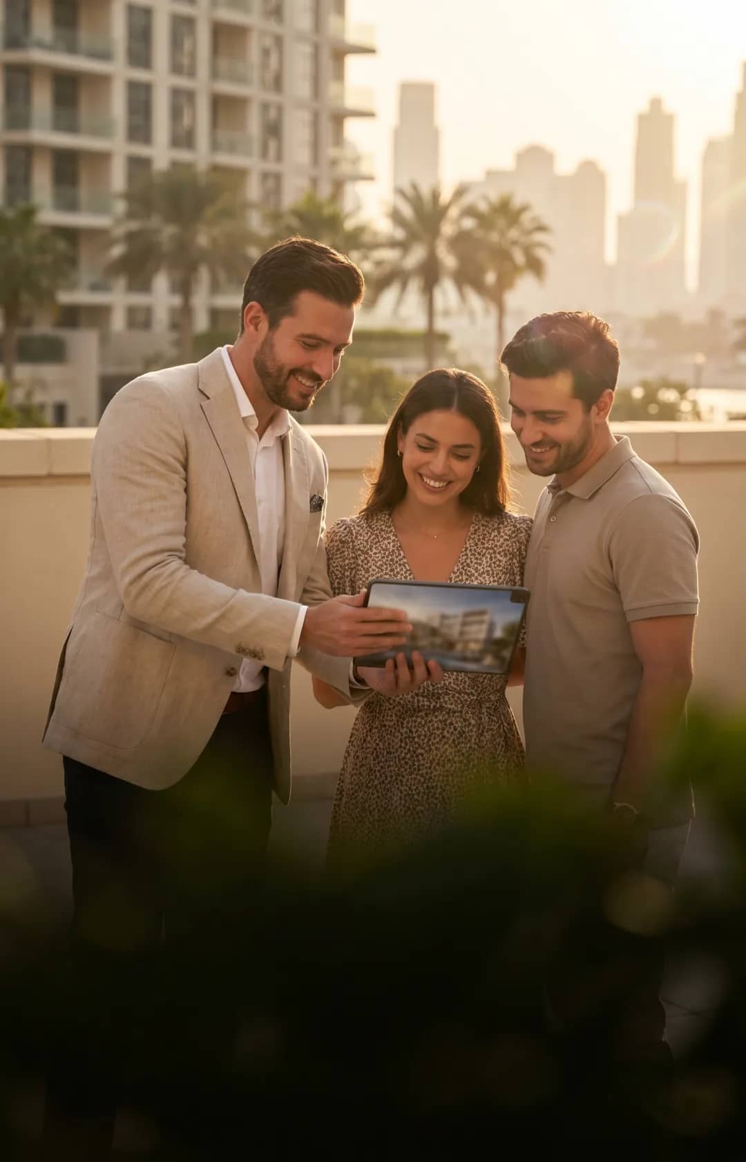 A Dubai broker showing a couple homes on a tablet at golden hour