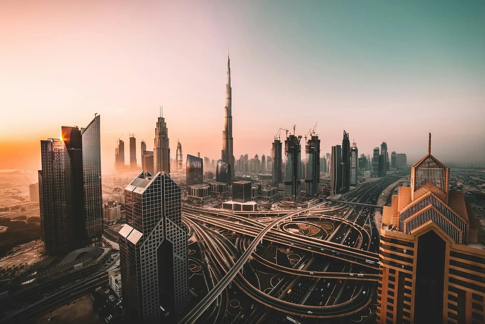 Dubai skyline with modern skyscrapers at sunset